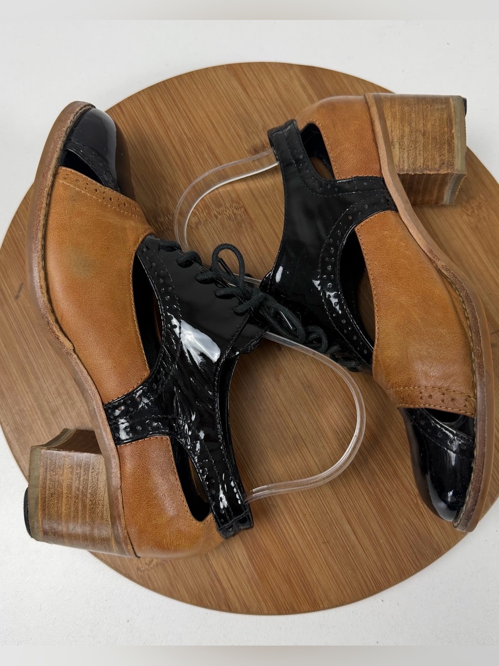 Jeffrey Campbell Ibiza Two-Tone Black and Brown Lace-Up Open-Toe Heel Oxfords - Picture 6 of 10